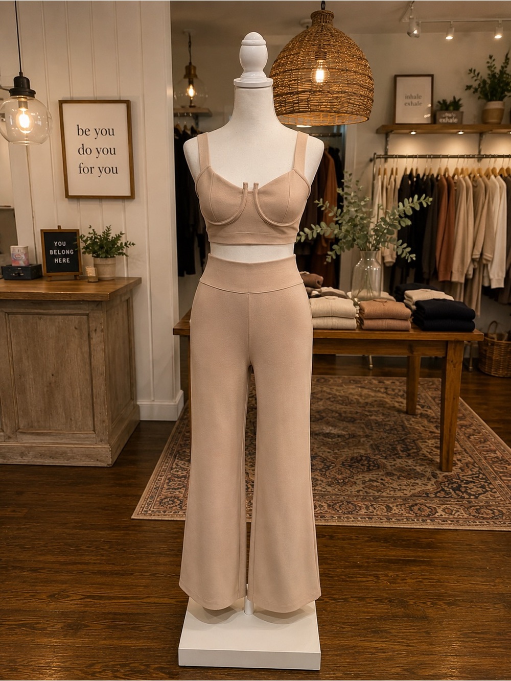 Tan Two Piece Bustier Crop Top & High Waist Flare Pants Set Sizes XS–L
